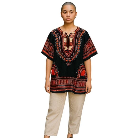 Raan Pah Muang Dashiki Top 3XL Black Red Cotton Festival Boho Summer Vacation - Picture 5 of 13